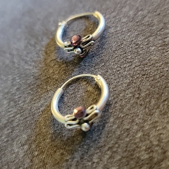 Dainty Sterling Silver Purple Crystal Huggie Hoop Earrings - Picture 3 of 4